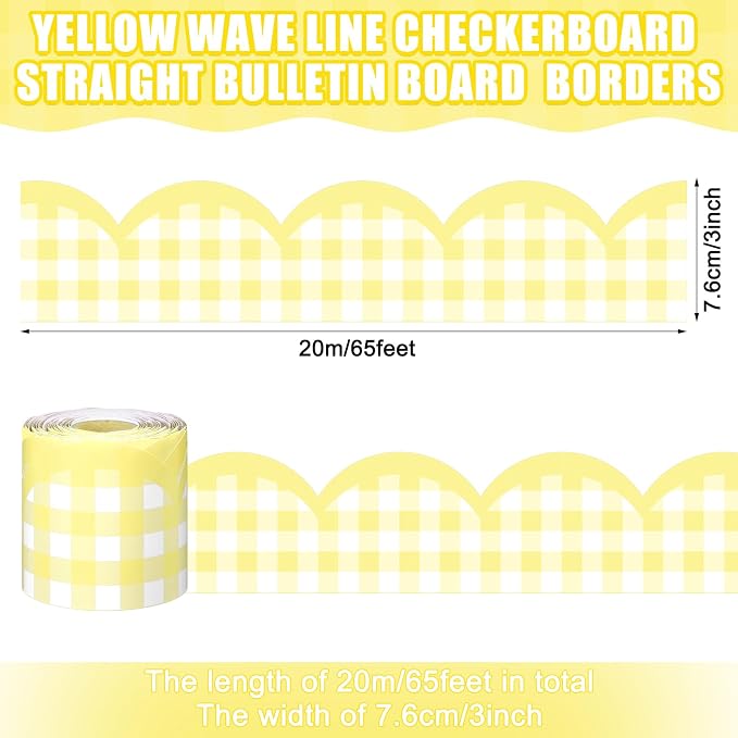 Zonon 65ft Yellow Gingham Bulletin Board Border Pastel Scalloped Bulletin Board Trim Back to School Classrooms Decoration for Party Whiteboard, Walls, Desks, Windows, Doors, Lockers