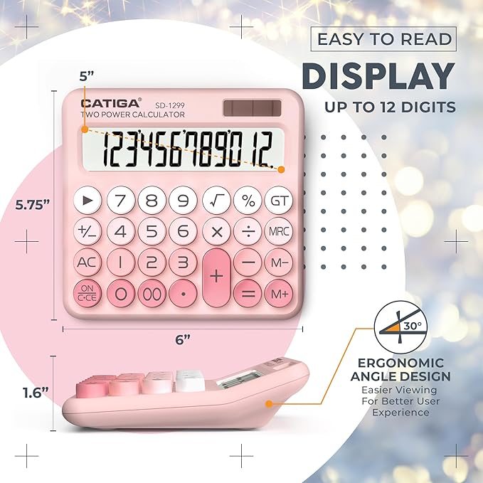 CATIGA Mechanical Switch Calculator with Solar and Battery Dual Power, 12-Digit Large LCD Display, Aesthetic and Cute Desktop Calculator with Big Button, for Home, School and Office Use, SD-1299