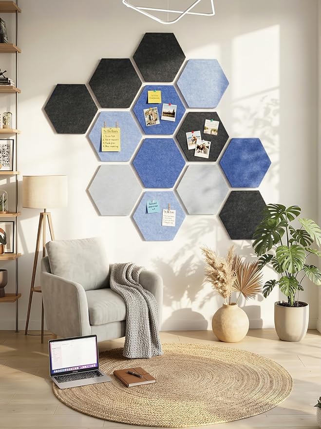 8-Pack Hexagon Felt Bulletin Board Tiles, Cork Board Alternative | For students and teachers creating vision boards in homes, offices, dorms or classrooms; includes 30 push pins.