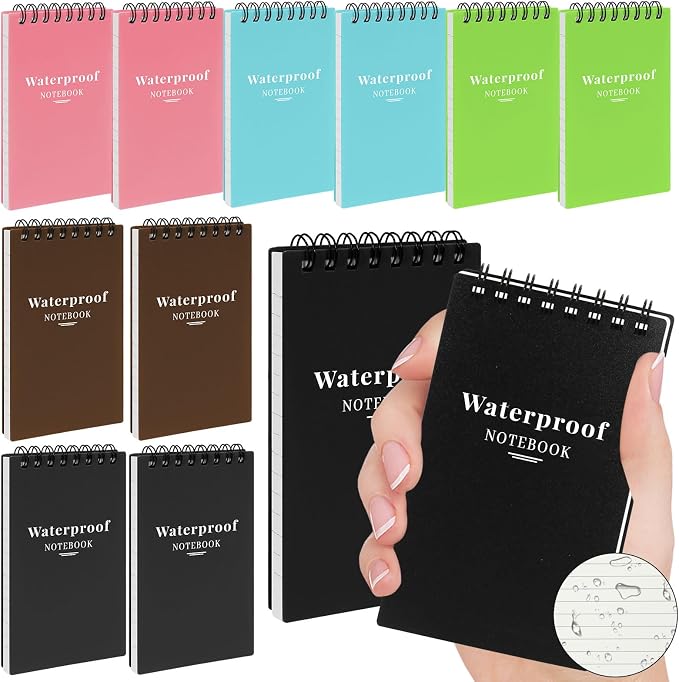 12 Pack 3x5" Waterproof Mini Notebook, Top Spiral Small Notepad for Outdoor | Pocket Notepad, Stone Paper Note Pads, All-Weather Tearproof Stain & Grease Resistant, for Camping Office Travel Work School