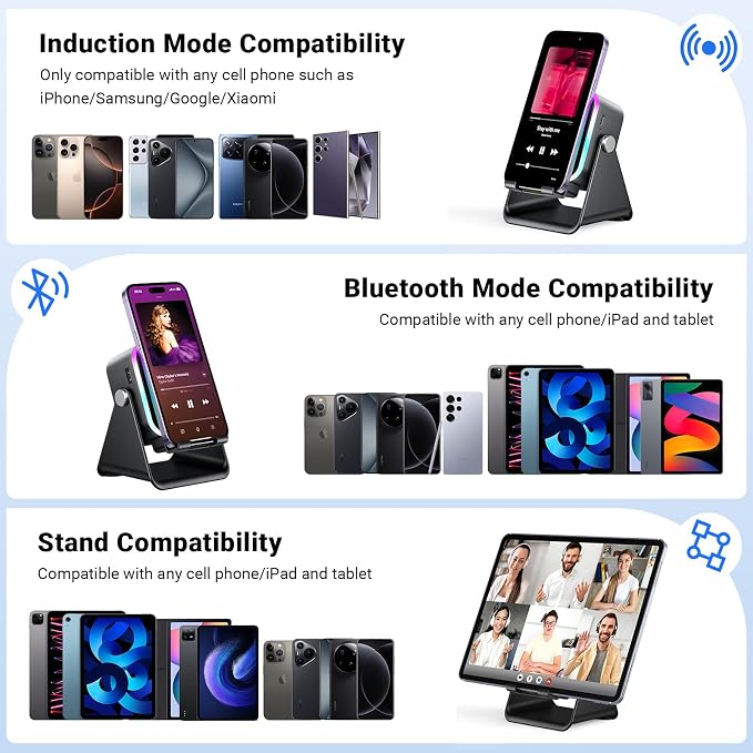 Induction Speaker with Phone Stand 5 in 1 Wireless Bluetooth Audio Black | Phone Speakers Amplifie For iPhone and Android Rechargeable Colorful Light. Birthday Gift for Men Women and Teens