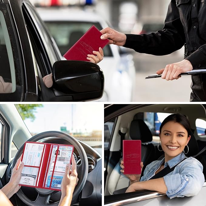 Car Registration and Insurance Card Holder for Women Men, Red Glove Box Paperwork Organizer with Magnetic Buckle for Easy Access and Protect Documents and Various Cards in Vehicle