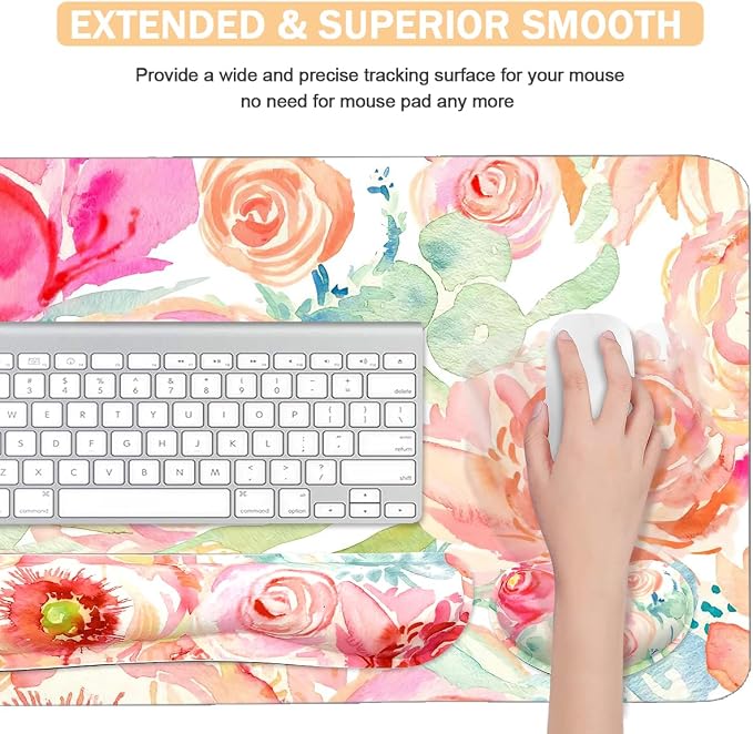 Large Mouse Pad Set, Cute Extended Mouse Pad+Keyboard Wrist Rest Support Desk Pad Memory Foam Ergonomic Easy Typing, 35.4×15.7 in Desk Mat Set for Home Office Study Game - Flowers
