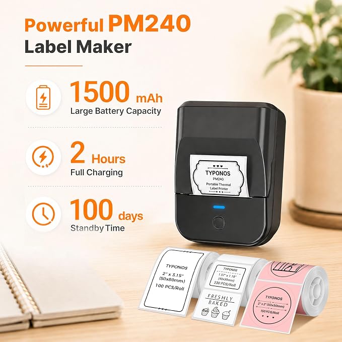 PM240 Label Maker Machine with 3 Tapes, Label Printer Black, Set 1 | 2'' Bluetooth Thermal Sticker Label Maker for Small Business, School Supplies, Classroom, Home Office with Multiple Templates