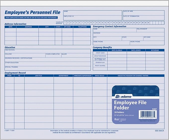 Adams Employees Personnel File Folder, Heavy Card Stock, 11-3/4 x 9-1/2 Inches, Pack of 20 Folders (9287ABF) ,Blue/White