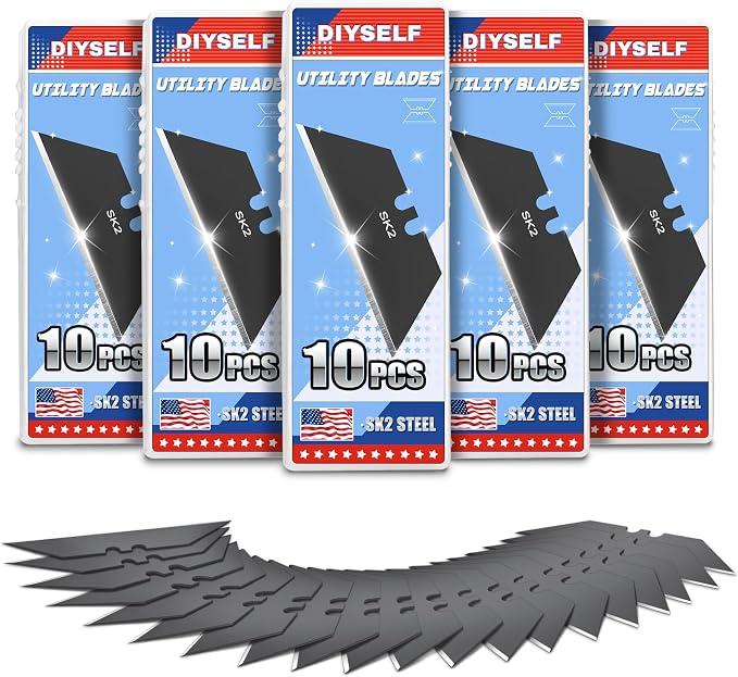 DIYSELF 50 Pack Razor Blade Refills, SK2 Utility Blades for Box Cutters | Utility Knife Blades for Cardboard and Drywall, Carpet Blades for Flooring, Repairs and Contractors