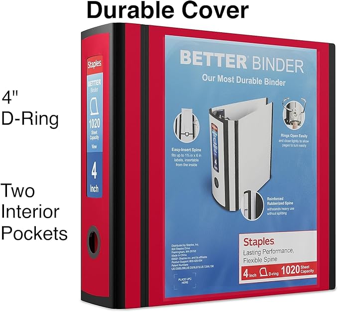 Staples Better Binder, 4" D‑Ring 3‑Ring View Binder, Red, Reinforced Spine, High‑Capacity Binder for School, Office & Home Use