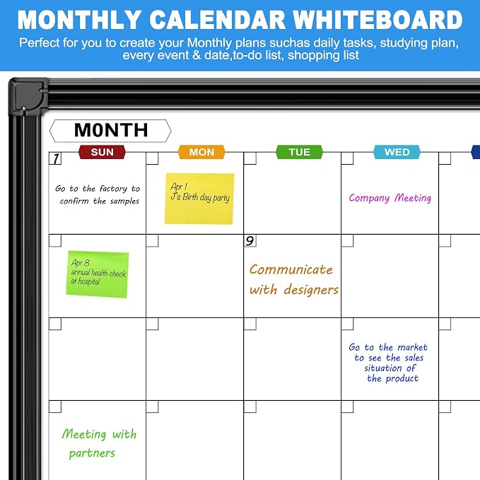 Calendar Whiteboard for Wall 48" x 36", 4 Month Dry Erase Calendar | Magnetic Dry Erase Calendar for Wall, Black Aluminum Frame, Dry Erase Board for Home School and Office Organization