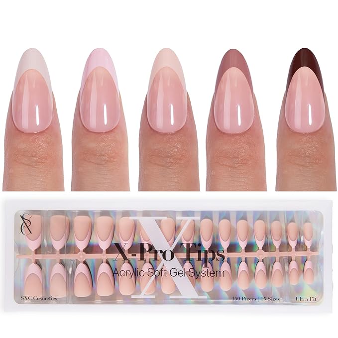 SXC Cosmetics French Tip Press On Nails 150 Pieces in 15 Sizes Ultra Fit with Pre-applied Tip Primer and Base Coat, No Need to File Fake Nails for Nail Art DIY X-Pro Tips (ST115-M Almond)