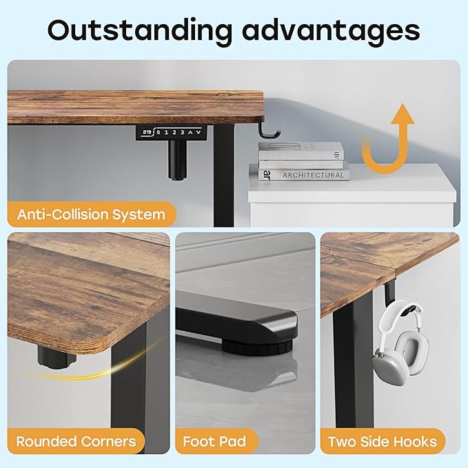 Small Standing Desk, 35" ×20" Electric Standing Table, Height Adjustable Compact Sit Stand Workstation with Splice Board, Home Office Desk with 2 Hooks, Rustic Brown