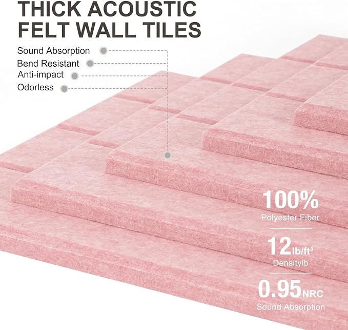 0.47" Thick Felt Wall Tiles 36"x24" Cork Board Alternative 6 Pack 11.81"x11.81"Felt Bulletin Board Pin Board with Removable Adhesive Tape&30 Pushpins for Home Office School(Bold-Coral Pink)