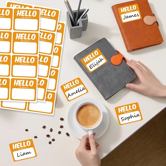 256 Pcs Name Tags Sticker 3"x2.5" Hello My Name is Stickers, Light Orange Name Labels Adhesive Identification Name Badges for School, Office, Meeting, Family Parties, Mailing