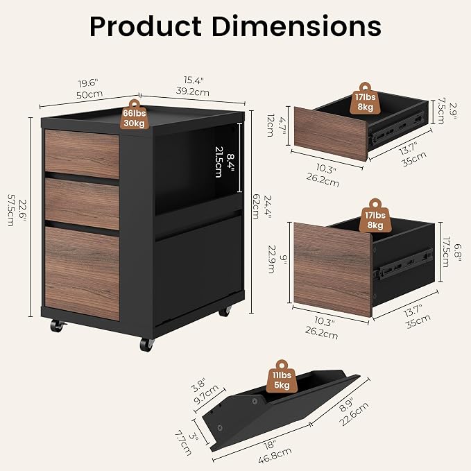 Mobile File Cabinet Under Desk with 3 Drawer, Office Storage Cabinet | Rolling Wood Printer Stand w/ Unique Side Shelf for Binders, Large Capacity Organizer for Home Office