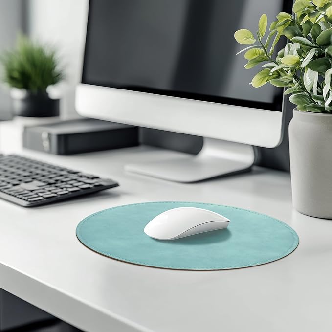 Mouse Pad，Round Mouse Pad，PU Mouse Pad，Leather Mouse Pad with Stitched Edge Micro-Fiber Base with Non-Slip Waterproof，Mouse Pad for Computers，Laptop，9 x 9 Inch (Light Blue)