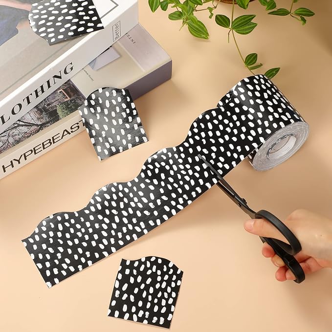 Zonon 65 Feet Bulletin Board Borders Black White Dots Wavy Classroom | Rolled Edge for Back to School, Scalloped Wavy Design, Polka Dot Pattern, Decorative Trim for Classroom Bulletin Boards