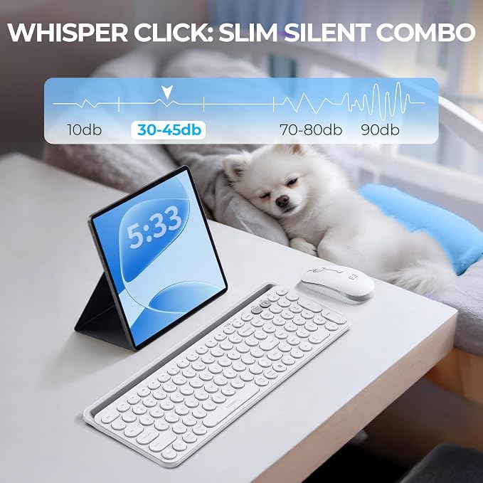 seenda CTU-301 Bluetooth Keyboard and Mouse Combo for iPad,White | Bluetooth+2.4G combo with tablet holder, full-size keys and quiet clicks for iPad, iPhone, Mac, Windows and Android.