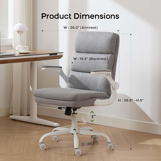 amseatec Small Desk Chair, Comfy Office Chair, Flip-Up Arms for Home | 3-zone mid backrest and dual-layer cushion add comfort; PU upholstery, 90° upright lock, 115° tilt, rocking mode；300lbs
