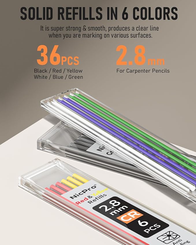Nicpro 5 Pack Carpenter Pencil with Sharpener, Mechanical Carpenter Pencils with 41 Refills, Construction Pencil Heavy Duty Woodworking Pencils for Architect (Red, Black, Orange, Blue, Black)