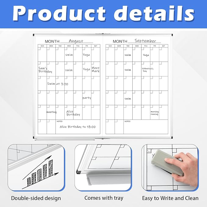 Large 48" x 36" Magnetic 2 Month Dry Erase Calendar White Board Foldable Whiteboard Calendar for Wall Mounted 2 in 1 Double Side Whiteboard with Dry Erase Board for Wall Office Home