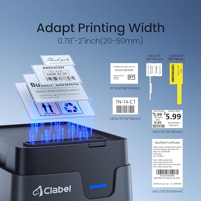 CLABEL Label Maker, Thermal Barcode Printer with No Bound Consumables, Bluetooth & USB Connection, Supports Various Sized 0.98"-1.96", Label Printer for Small Business