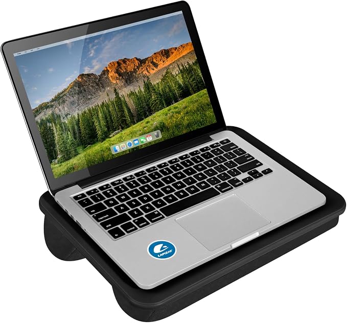 LAPGEAR Compact Lap Desk – Black, Fits 14" Laptops | Microbead Cushion, Built-In Pencil Slot, Carry Handle, Fits Standard Letter-Size Paper (8.5" × 11")