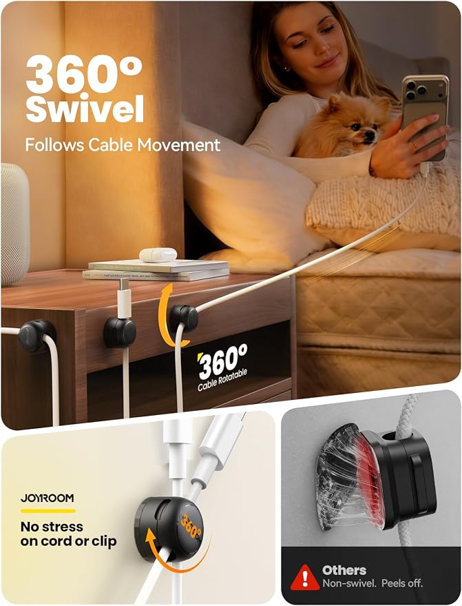 JOYROOM 8 Pack Magnetic Cable Clips, 360° Swivel Cord Organizer Wire Holder | Strong Adhesive Rotatable Cable Management Accessories for Home Nightstand Phone Charger Car Wall Office Desk Organization