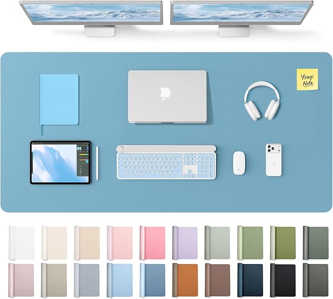 YSAGi Leather Desk Pad Protector, Office Desk Mat, Large Mouse Pad, Non-Slip PU Leather Desk Blotter, Laptop Desk Pad, Waterproof Desk Writing Pad for Office and Home (Sea Blue,55" x 24")
