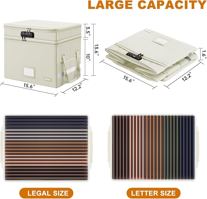 DocSafe File Box with Lock,Multi-Layer Fireproof Document Box Collapsible File Storage Organizer with Pockets/Handle,Large Portable Home Office Filing Box for Hanging Letter/Legal Size Folders,Beige