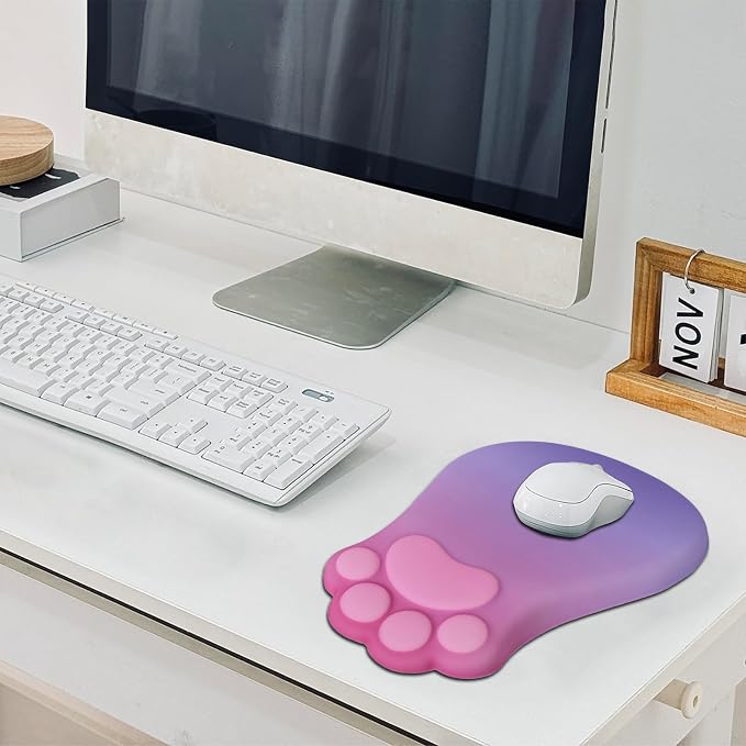 L-SPOUTTO Ergonomic Mouse Pad with Wrist Rest,Pink Mouse Pad Wrist Support | Cute Cat Paw Comfortable Massage Design,Computer Pain Relief Mousepad with Non-Slip Base for Desk Laptop Gaming,Pink&Purple