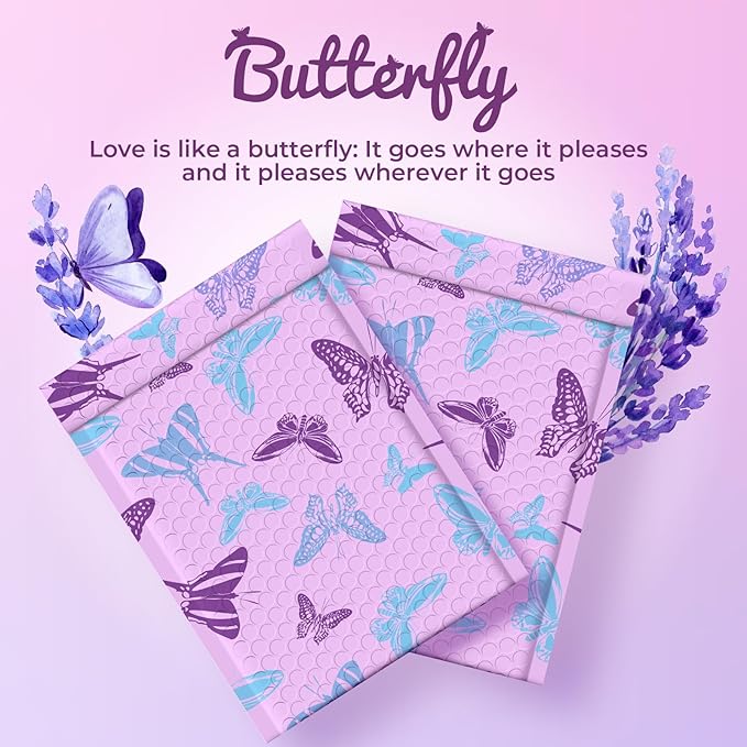 Fuxury Bubble Mailers 6x10" Pinkish-Purple Padded Envelopes 100 Pack with Blue-Purple Butterfly Special Design Padded Mailers Waterproof Bubble Envelopes for small business Jewelry Makeup Supplies #0