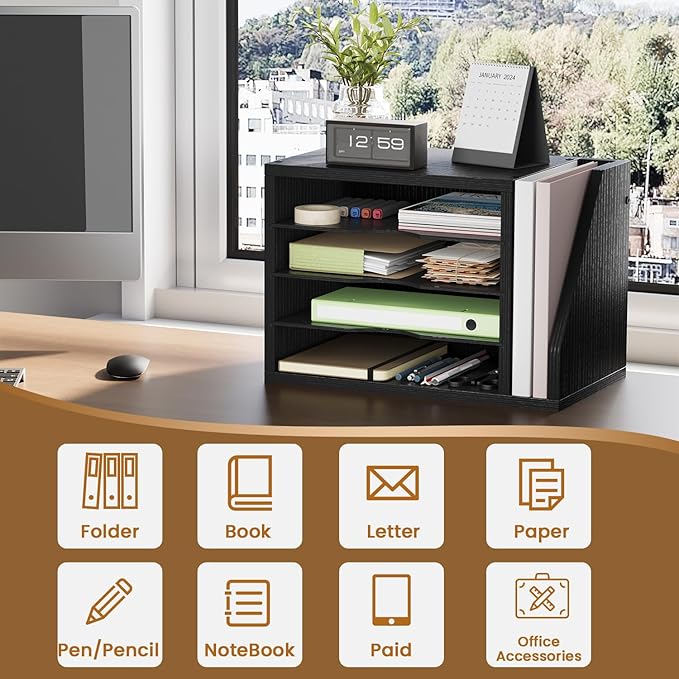 Mail Sorter, File Organizer Desktop, Wood Desk Organizer with 3 Adjustable Shelves, Mail Holder for Office, Home, Letter Sorter File Holders for Envelopes, Mail Supplies Magazines, Black