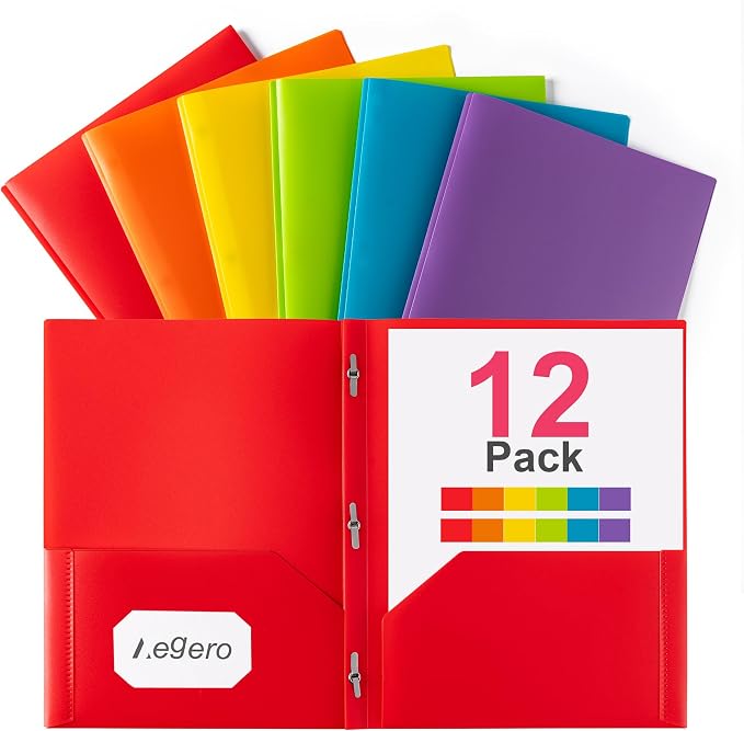 Folders with Pockets and Prong with Fasteners (12Pack, Assorted Colors) | Durable Plastic Pocket Folders with Prongs,Tear Resistant,2 Pocket 3 Prong Folders for Schoolwork & Office,Letter Size