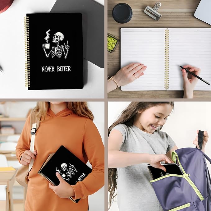 Cute Spiral Notebook journal A4 Aesthetic Pretty Design for Women Girls Kawaii with Pocket, 8.5 x 11 inch, Lined, Skeleton