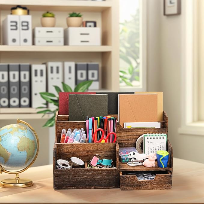 Brown Wooden Mail Organizer, Desk Organizer with 7 Compartments and Drawer, Rustic Mail Sorter with Pen Holder, Tabletop Mail Basket, Office Accessories Holder for Pen File Letter Document