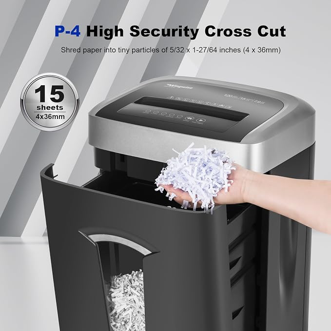 Wingwise 15 Sheets Paper Shredder Heavy Duty for Home Office | 120 Mins Runtime, P-4, Cross Cut, 7.9 gal, Shreds CDs & Credit Cards