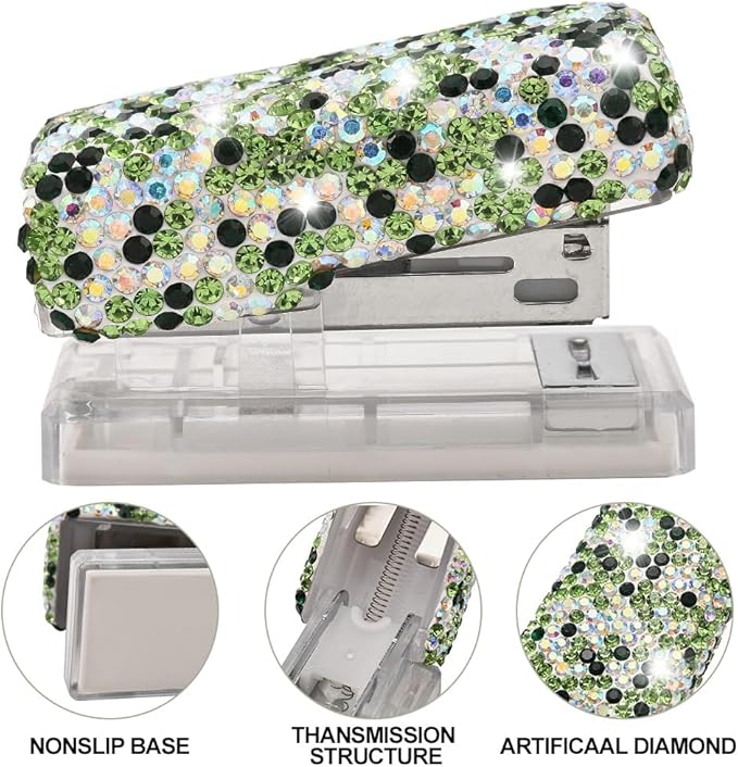 Bling Rhinestone Stapler, Sparkly Diamond Staplers, Cute Desk Stapler for Women & Girls, Bling Crystal Machine Pretty Office Stationery Kit (Green with AB Color Plated, Small)