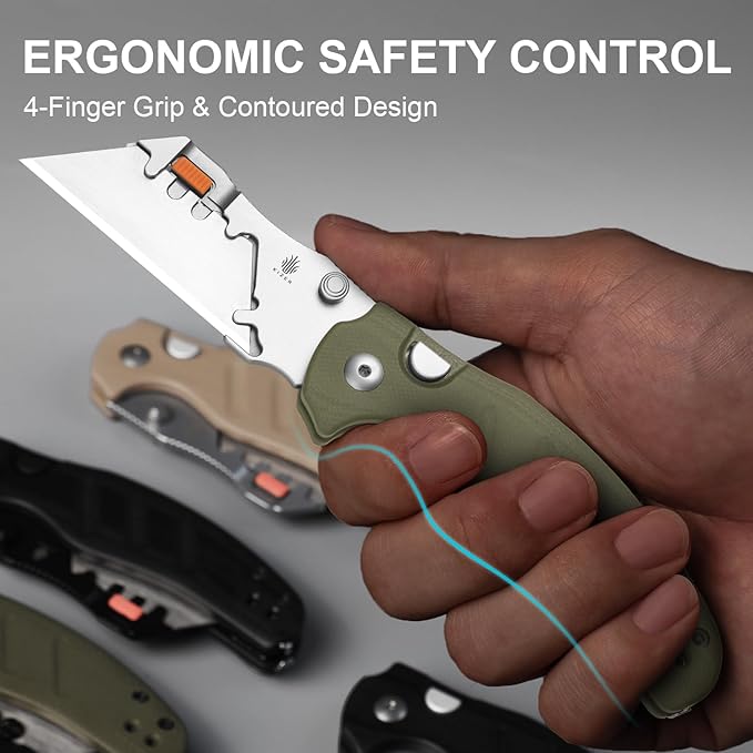 Kizer C01C Uti 2 (Tool-Free Version) Utility Knife, Button Liner Lock Box Cutter Pocket Knife with 5PCS Razor Blades, Thumb Stud Folding Knives with Green G10 Handle for Men Women V3488.29JNM1