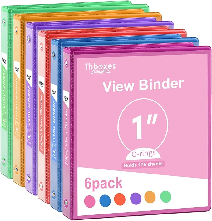 3 Ring Binder - 6 Pack, 1 Inch Binder with 2 Interior Pockets & Clear View Overlay, Large Capacity, Round Ring Binders for Office Supplies, School & Home (6 Colors, Rainbow Colors)