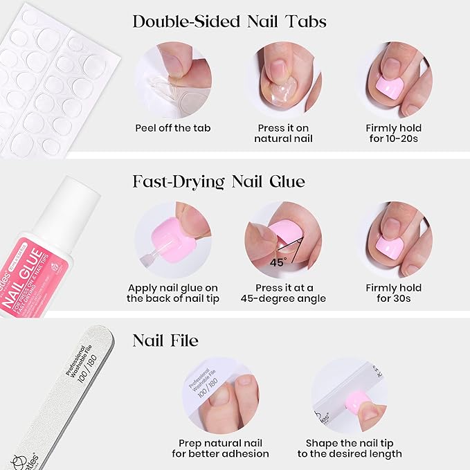Beetles Press On ToeNails Kit - Glitz Spectrum | 288Pcs 12 Colors Short Square Press On Nails | 15 Sizes French Glossy Glitter With Nail Glue & Nail Tabs Stickers, Fake Nails Kit Art For Women
