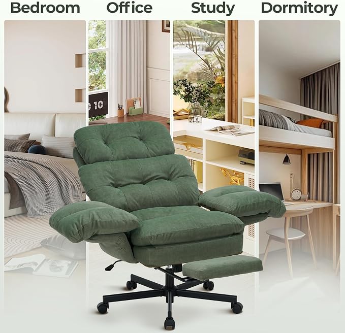 Criss Cross Office Chair with Foot Rest, Big and Tall Office Desk Chair with Flip Armrests for Pets & Cross Legged Sitting, Comfy Executive Ergonomic Reclining Computer Gaming Vanity Chair, Green