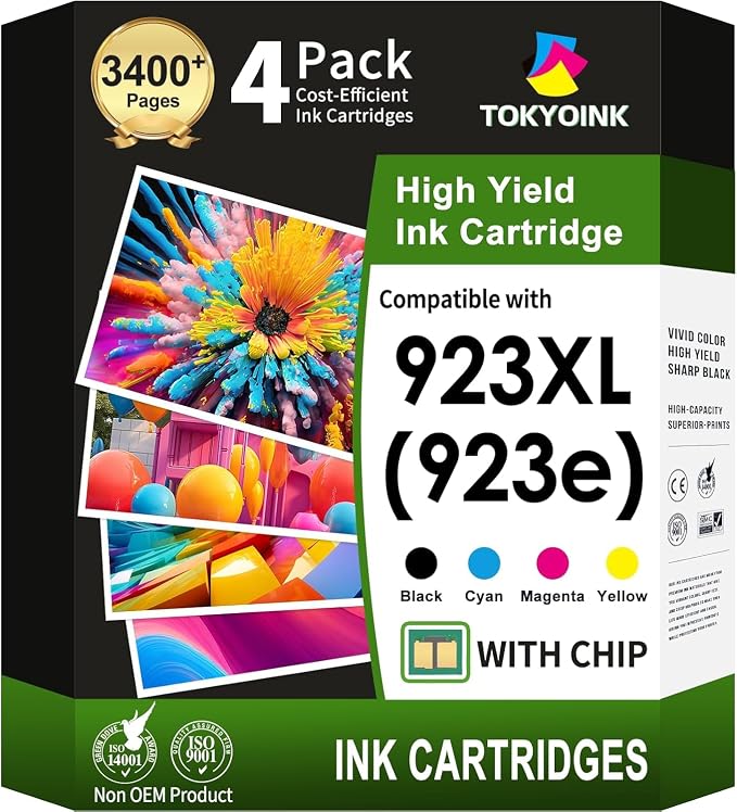 TOKYOINK 923 923e 923XL Ink Cartridge Combo Pack Replacement for HP 923 Ink | Work for HP Printer OfficeJet Pro 8130e 8135e 8139e 8125e 8138e 8122e 8120 8124e 8130 Printer With Chip(4 Pack B/C/M/Y)