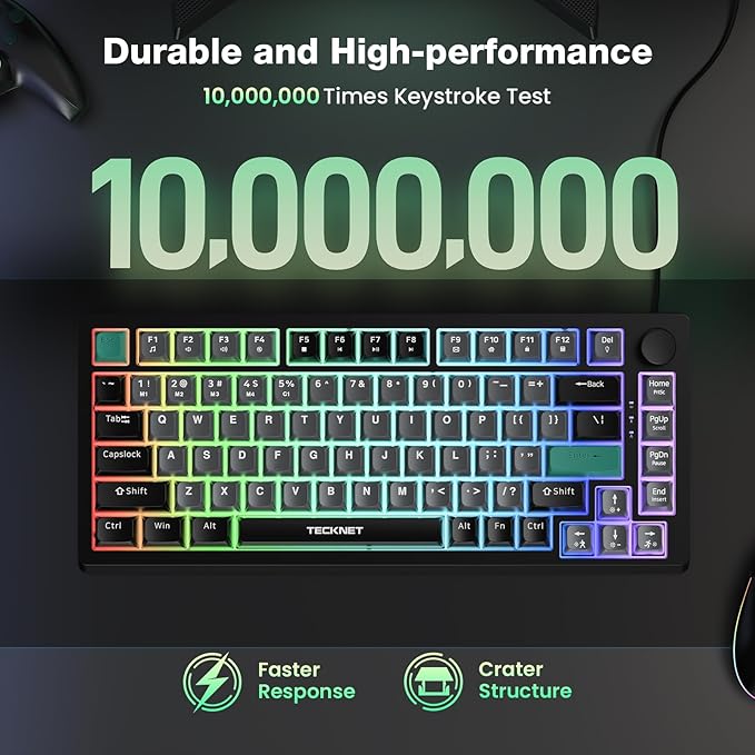 TECKNET Gaming Keyboard, 75% Wired Keyboard, RGB Backlit, 82-Keys with Volume Knob Control, 26 Keys Anti-ghosting, Whisper Quiet Gaming Switch Travel Friendly for Windows Laptop PC Mac-Grey