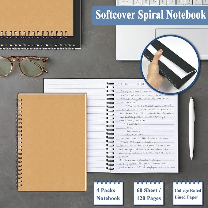 2Pack Small Spiral Notebook A5, 5.5x8.3” Notebook for Work 120Page Notepads | Colored Multipack College Ruled Notebooks A5 Kraft Spiral Bound Small Notebook Journal Lined Note Pads for Writing Journaling