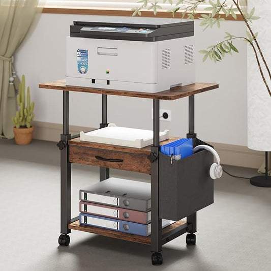 YAOHUOO 22"x15" Large Printer Stand with Drawer, 3-Tier Rolling Table Cart | Storage Drawer and Side Bag,Height Adjustable Cart,Fit printer/fax/3d/scanner,4 lock wheels or feet,Home Office,Rustic Brown