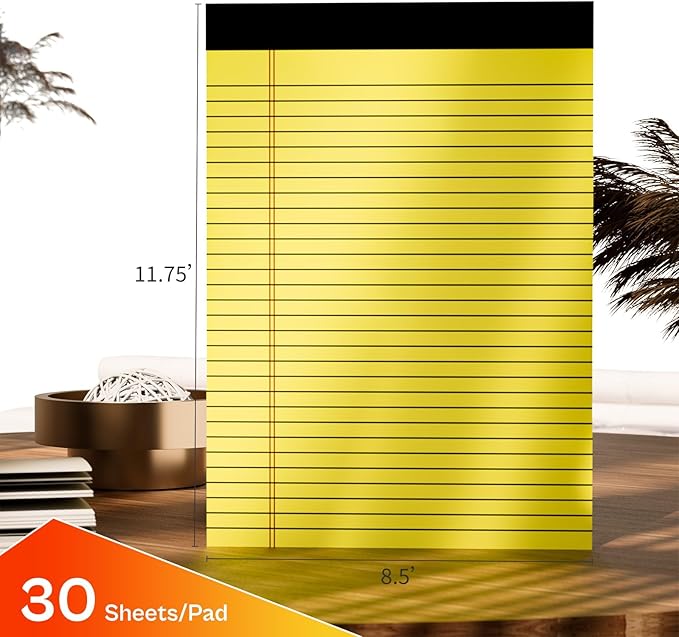 Legal Pads 8.5 x 11 Note Pads Wide Ruled 4 Pack, Lined Notepad 8.5 x 11 Canary Yellow Paper 21lb Micro Perforated Writing Pads, 30 Sheets Per Legal Note Pad Ideal for Office, Home, School