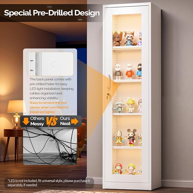 VINGLI Lockable Display Cabinet with Glass Door & 4 Adjustable Shelves, 65" Tall Metal Storage Cabinet Curio Liquor, Bookshelf Bookcase for Home Office Living Room Pantry Garage (White)
