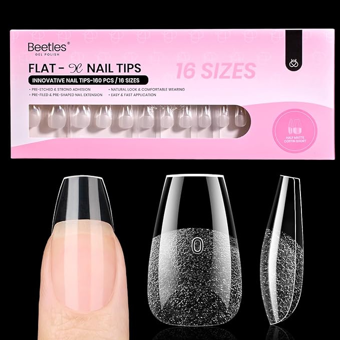 Beetles Gel Nail Tips Flat-X - Coffin Short, 160pcs 16 Sizes, Pre-Etched Half Matte Full Cover Soft Acrylic False Nail Tips Clear Press on Easy DIY Extension Salon for Flat & Natural Nail Beds