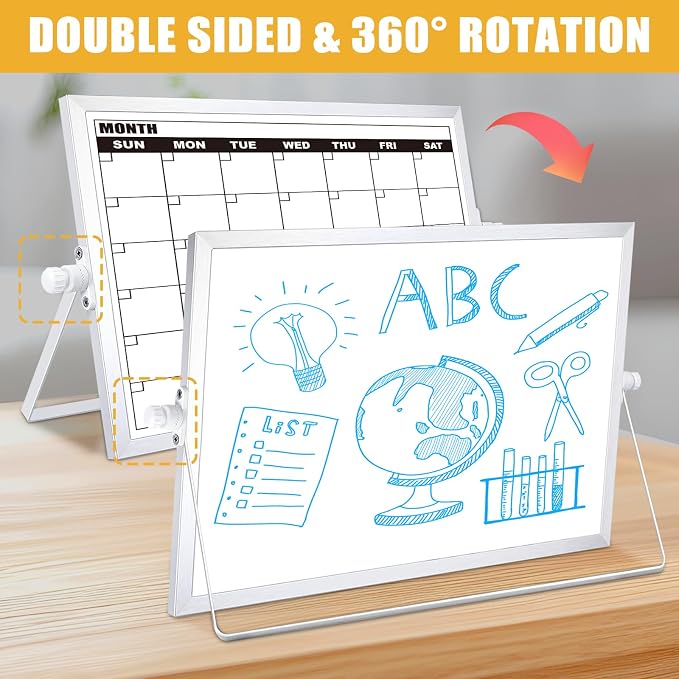 Calendar Whiteboard, Monthly Dry Erase Board, Small Desk White Board | 16x12 IN Desktop Double-sided Dry Erase Calendar Board with Stand for Office, Home, School, Magnetic Monthly Planner Board