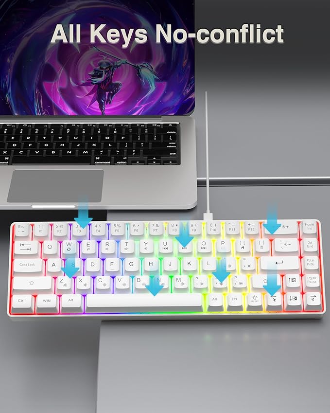 60% Gaming Keyboard,Small Keyboard USB-C Wired,Compact Mini Teclado Gamer,68 Keys RGB Backlit Portable Membrane Keyboards for Business Trips,Office,PC Games (SK968,White)