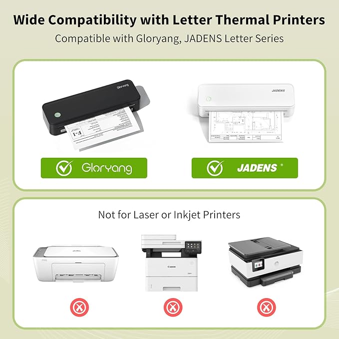 Thermal Printer Paper 8.5''x11'' US Letter Size, 4 rolls, 100 sheets, Thermal Paper Quick-Dry, Advanced Clear Printing, Compatible with Gloryang & JADENS PD-A4 Thermal Printer
